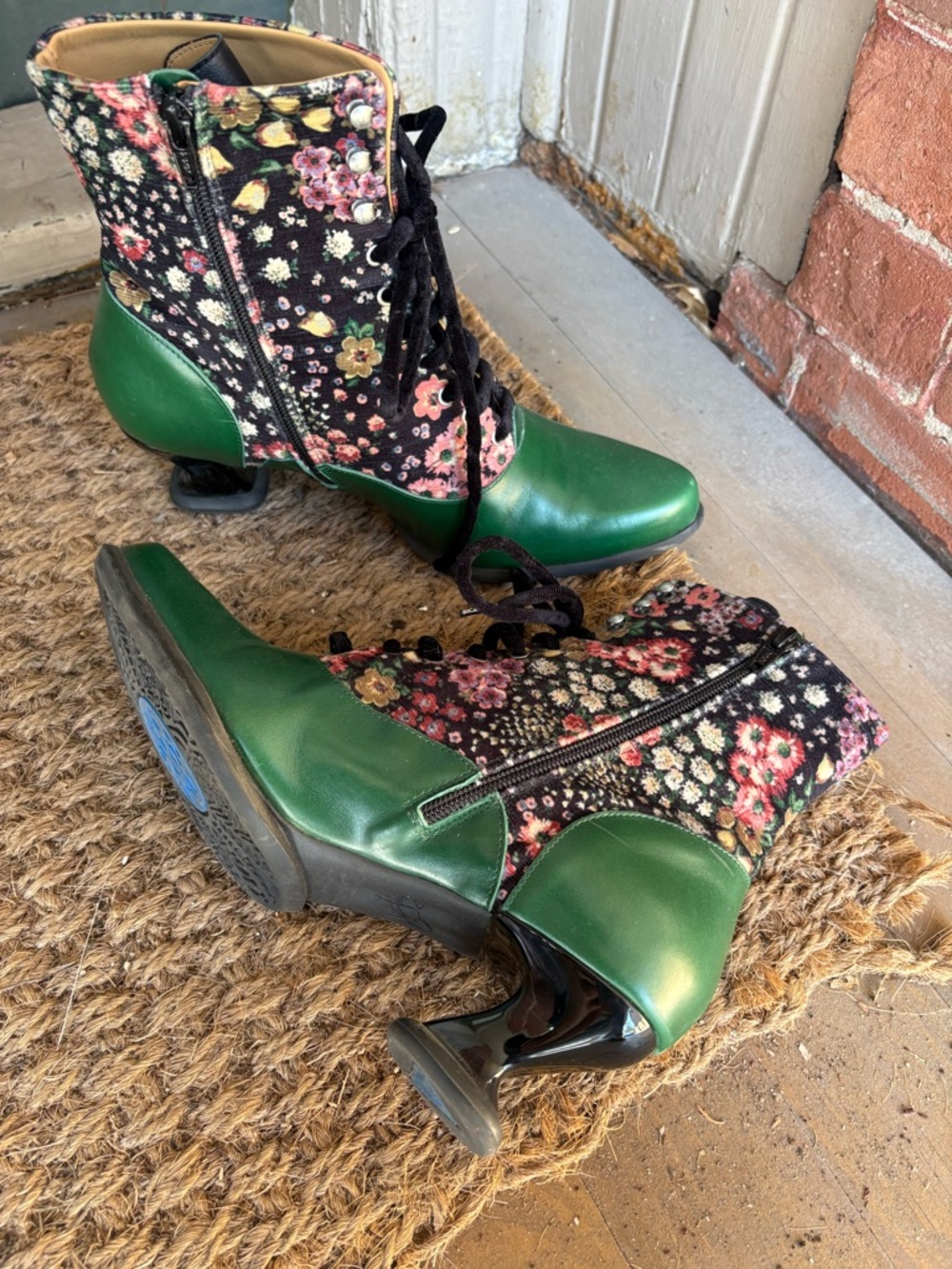 John Fluevog Amrita Lace-Up Mid-Calf Boots in Green and Floral - Picture 5 of 11